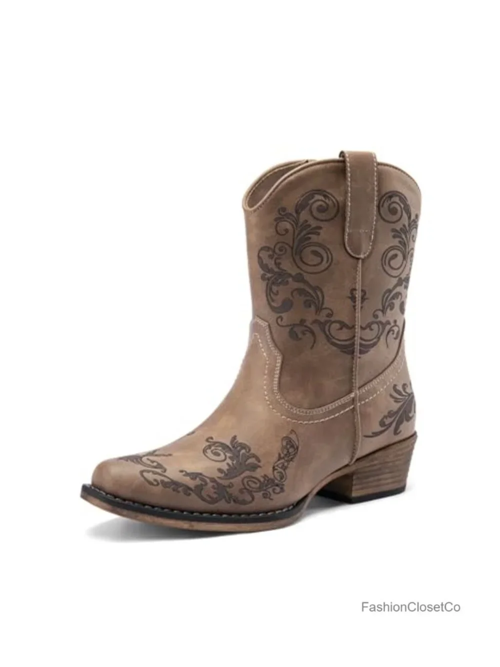Women's Square Toe Western Ankle Boots with Embroidery and Side Zipper